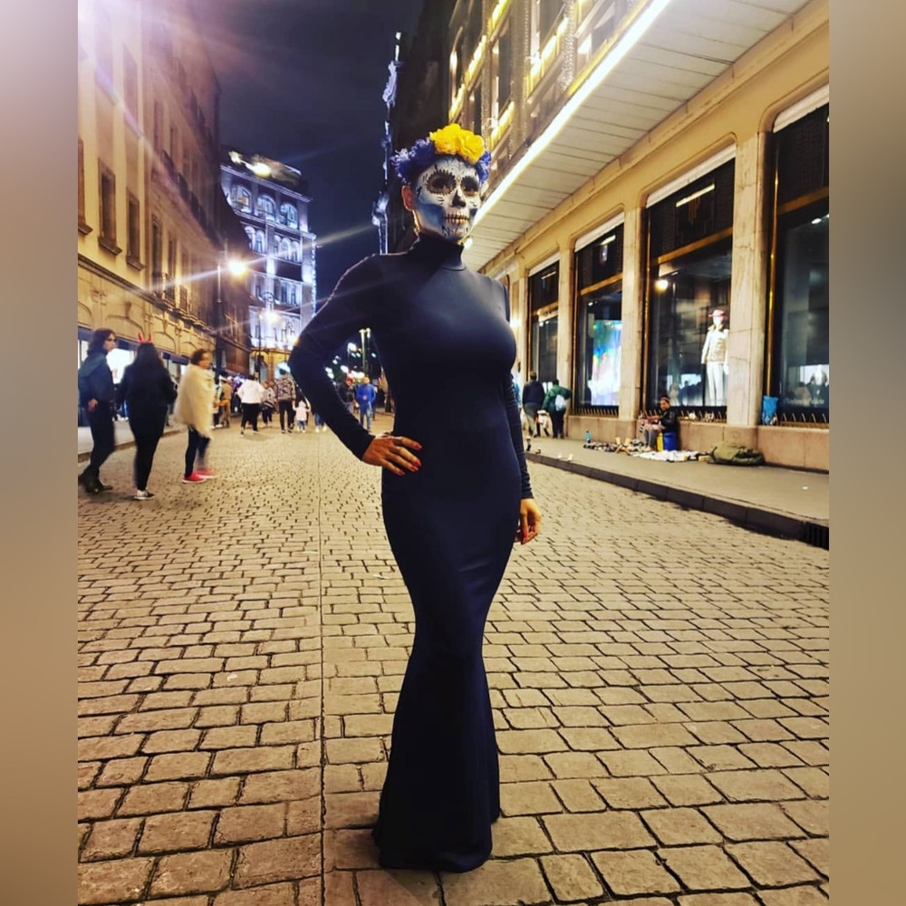 💎 Meenew Dark Blue Floor-Length Dress with Turtleneck and Long Sleeves 💎